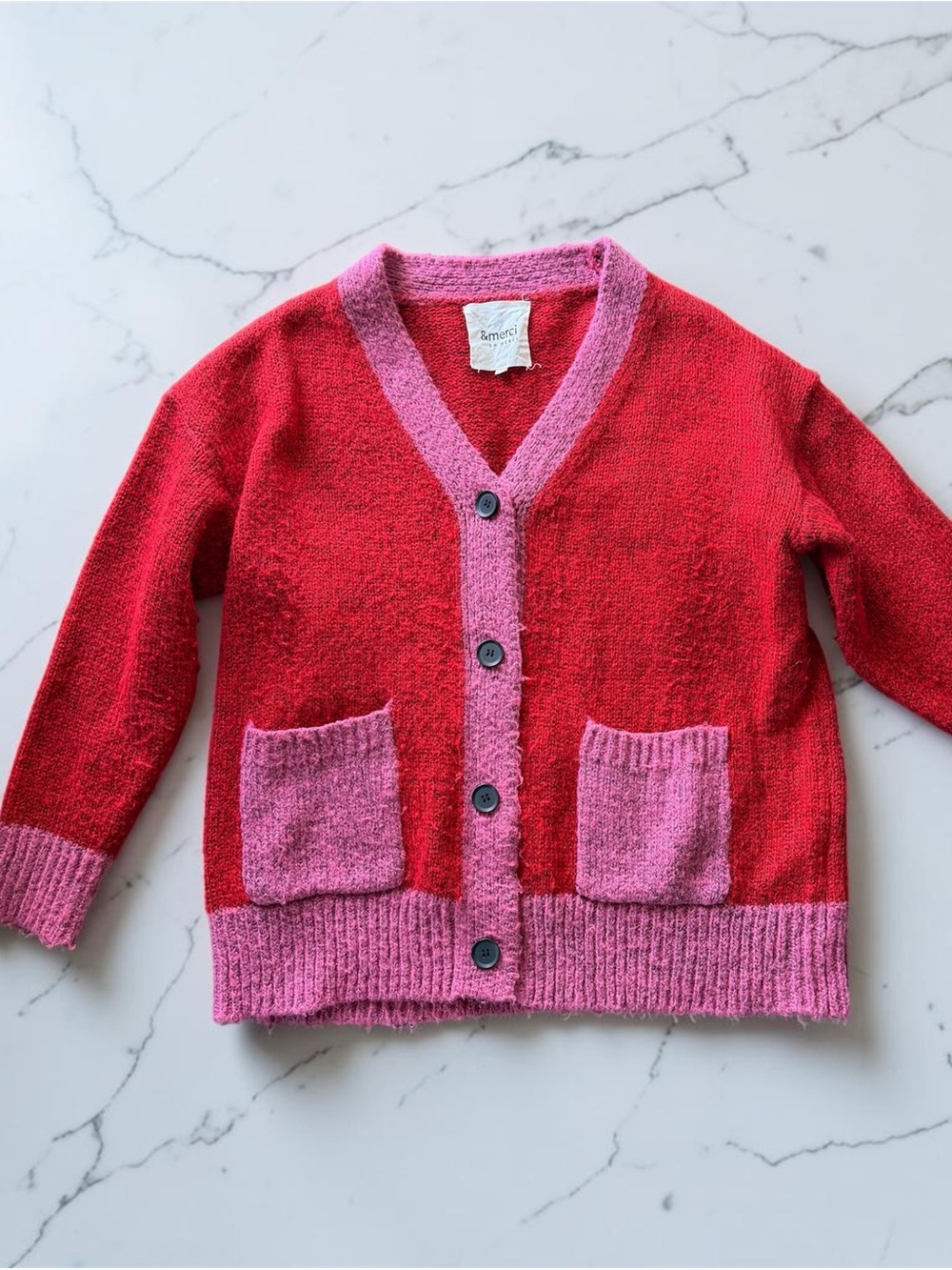 &merci Red Cardigan with Pink Trim & Pockets